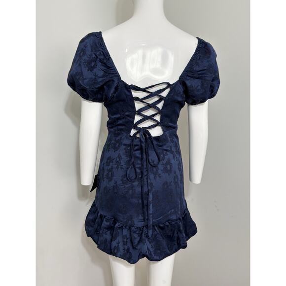 NWT Lulus Dress Women’s L Blue Floral Jacquard Lace Up Back Puff Sleeve Ruffle - Picture 7 of 13